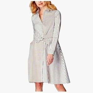 NWT J. Jill White Brown Striped Tie Front Cotton Shirt Dress X-Large